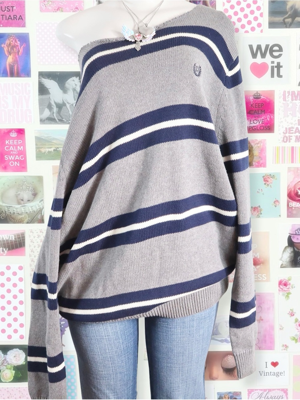 chap's vintage grey off the shoulder striped knit sweater